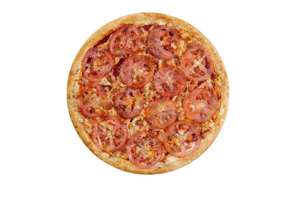 Fehér alapon izolált pizza. Forró gyorsétterem sajttal, sonkával és gombával. Élelmiszer-kép a menü kártya, web design, honlap, üzlet vagy szállítás. Kiváló minőségű retusálás és elszigeteltség - Fotó, kép