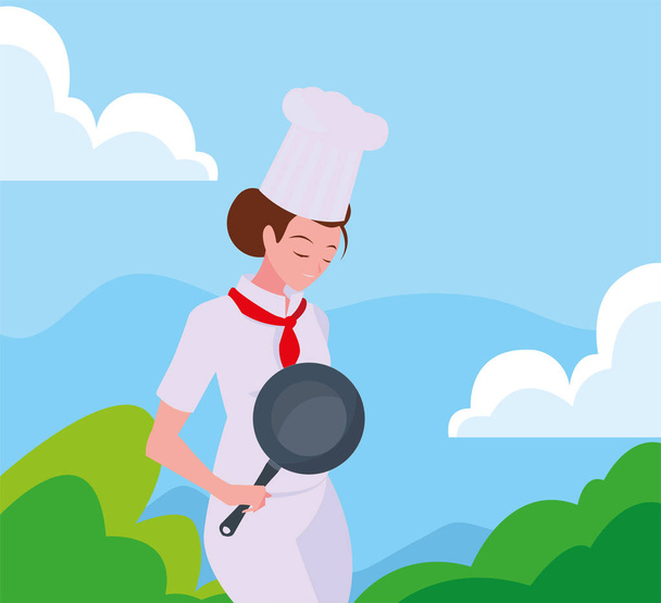 woman chef with frying pan - Vector, Image
