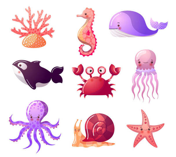 Colorful set of sea creatures.Raster illustration in the flat cartoon style of ocean animals - Vettoriali, immagini