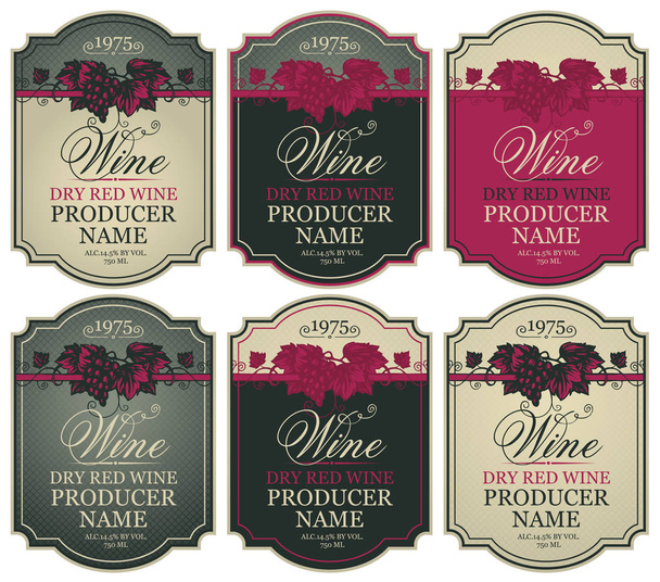 set of wine labels with bunches of grapes - Vector, Image