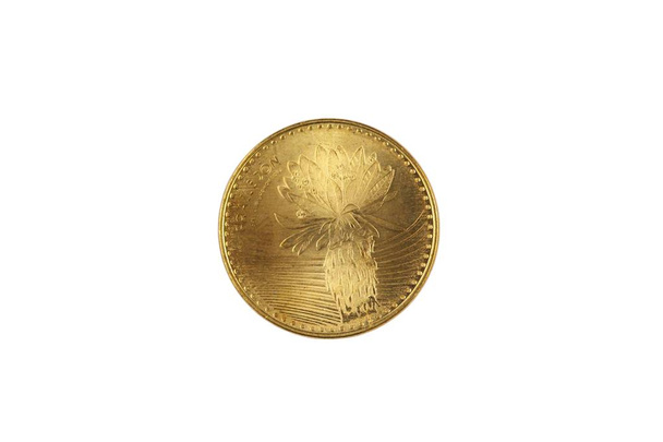 A gold, one hundred Colombian peso coin isolated on a white background, shot in close up macro - Photo, Image