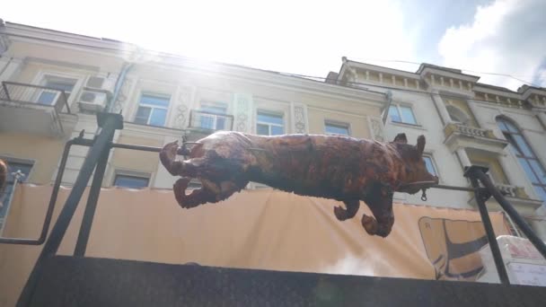 Een heel varken op een spies is grillen in open lucht op Big Grill. - Video