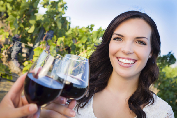 Jeune femme dégustant un verre de vin dans le vignoble avec des amis
 - Photo, image