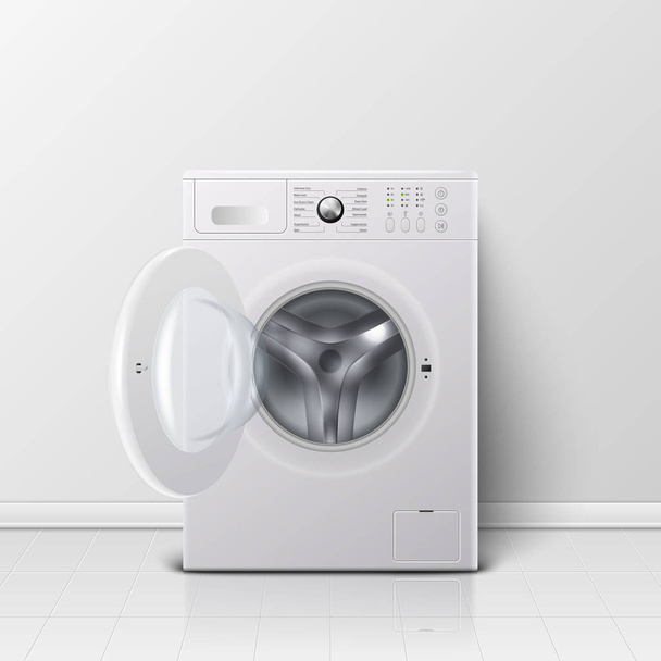 Vector 3d Realistic Modern White Steel Opened Washing Machine Closeup. Design Template of Wacher. Front View, Laundry Concept - Vektör, Görsel