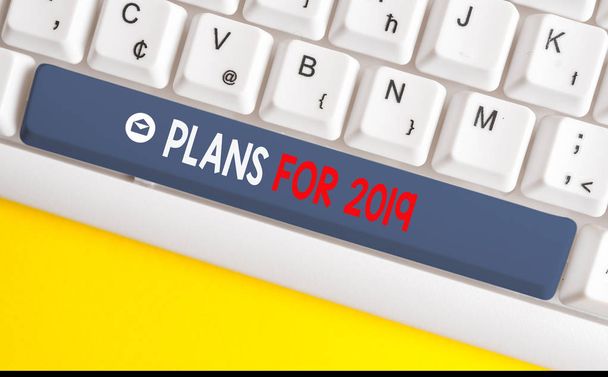 Word writing text Plans For 2019. Business concept for an intention or decision about what one is going to do White pc keyboard with empty note paper above white background key copy space. - Photo, Image