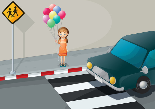 Uma menina perto da faixa de pedestres segurando balões
 - Vetor, Imagem