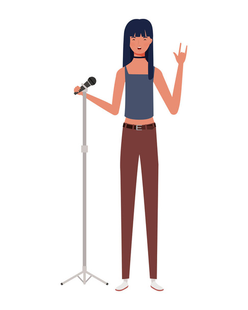 young woman with microphone with stand on white background - Vector, Image