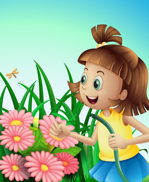 ένα κορίτσι με μια μάνικα στον κήπο - Διάνυσμα, εικόνα