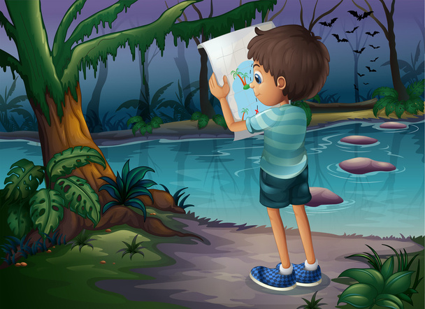 een jongen met een kaart staande in het midden van het bos - Vector, afbeelding