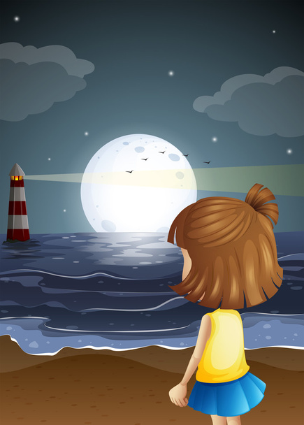 Маленькая девочка на пляже смотрит на маяк
 - Вектор,изображение