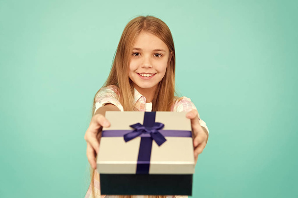Pleasant surprise. Girl kid hold birthday gift box. Every kid dream about such surprise. Birthday girl carry present. Making gifts. Birthday wish list. Happiness and joy. Happy birthday concept - Photo, image