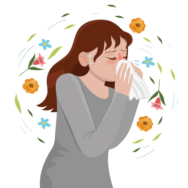 Szezonális allergia lány fúj az orrát a zsebkendőjét. Vektorgrafikus. - Vektor, kép