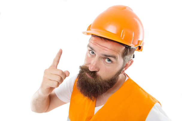Warning you. Dangerous zone. Man engineer protective uniform stop you. Architect builder engineer. Protective apparel for construction industry. Bearded hipster engineer. Senior engineer at site - Zdjęcie, obraz