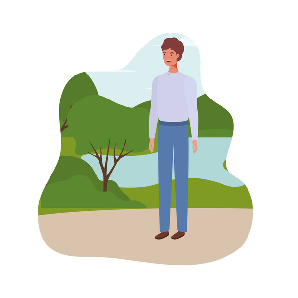 young man standing with landscape background - Vector, Image