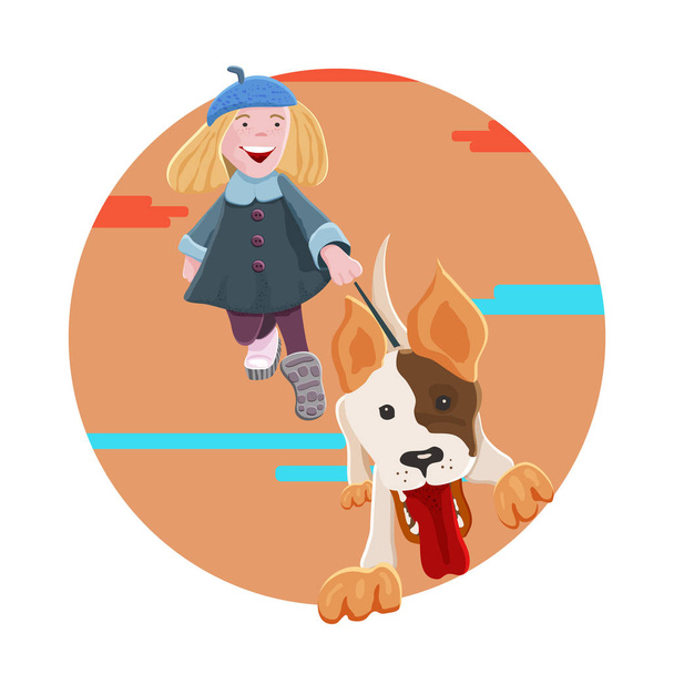 Engraçado menina adolescente loira passear um cão. Tema do outono. Carrinho de vetor
 - Vetor, Imagem