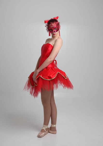 портрет дівчини в червоній балерині і масці. танцююча попка на фоні студії
. - Фото, зображення