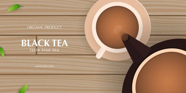 Tea Ceremony with cup and teapot. Black tea banner with leaves and wooden background. - Vecteur, image