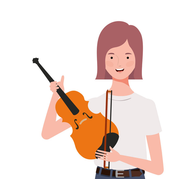 junge Frau mit Geige auf weißem Hintergrund - Vektor, Bild