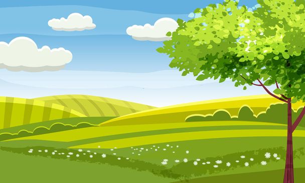 フェルドと丘の田舎の風景。緑の丘の木と漫画の田舎の谷は青い空と巻き雲を花。ベクトル自然地平線牧草地ビュー孤立した背景 - ベクター画像