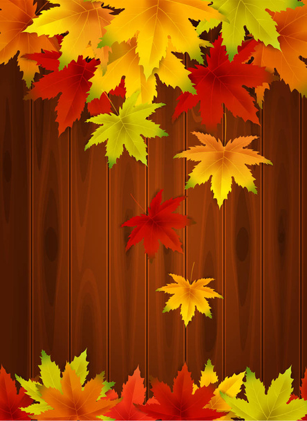Plantilla de fondo de otoño, con montón de hojas que caen en tablas de madera, venta de compras o cartel de temporada para la promoción de descuento de compras, postal y tarjeta de invitación. Vector ilustración Voucher
 - Vector, Imagen
