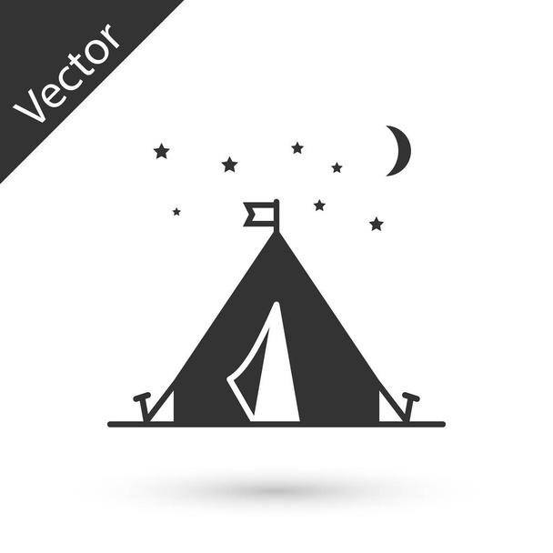 白い背景に隔離されたフラグアイコンを持つ灰色の観光テント。キャンプのシンボル。ベクトルイラストレーション - ベクター画像