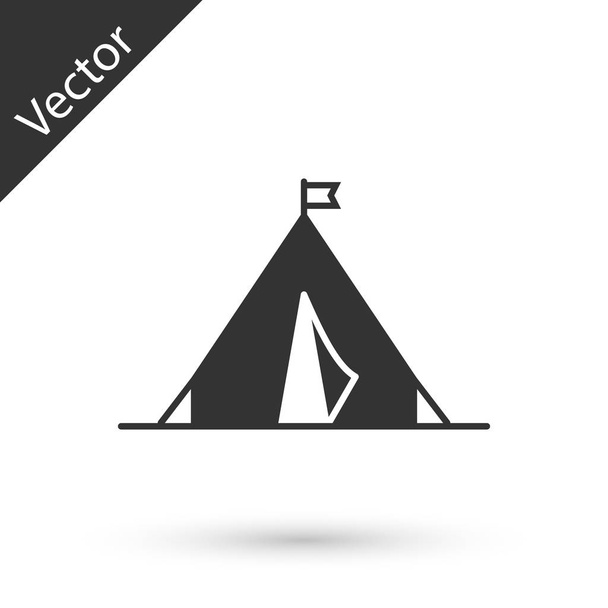 白い背景に隔離されたフラグアイコンを持つ灰色の観光テント。キャンプのシンボル。ベクトルイラストレーション - ベクター画像
