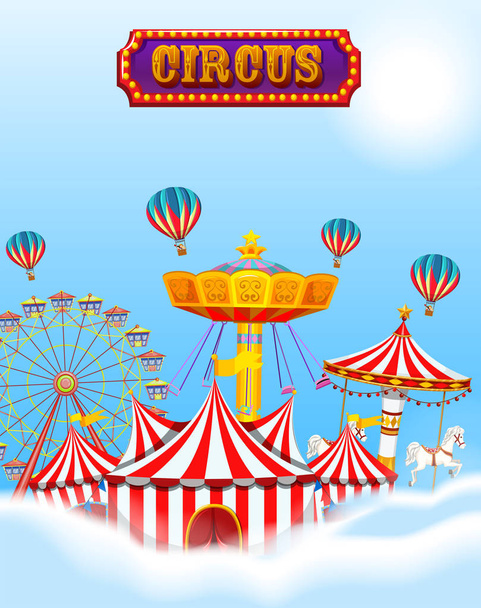Zirkus in Wolken und Himmel mit Zelt und Fahrgeschäften - Vektor, Bild