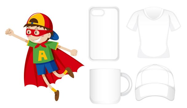 Графічний дизайн на різні продукти з хлопчиком в костюмі героя
 - Вектор, зображення
