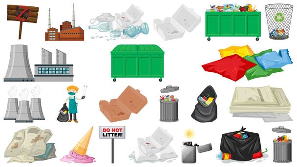 Загрязнение, мусор, мусор и предметы мусора изолированы
 - Вектор,изображение