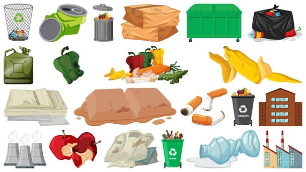 Contaminación, basura, basura y objetos de basura aislados
 - Vector, imagen