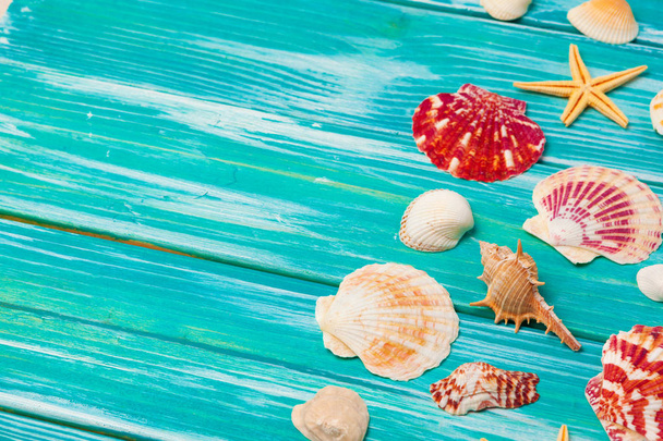 Different sea shells on color wooden background - Foto, imagen