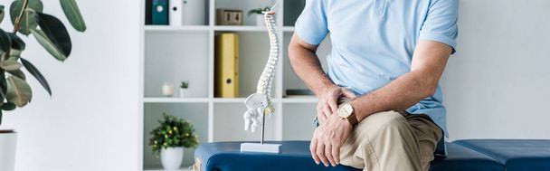 panoramic shot of man sitting on massage table near spine model  - Foto, afbeelding