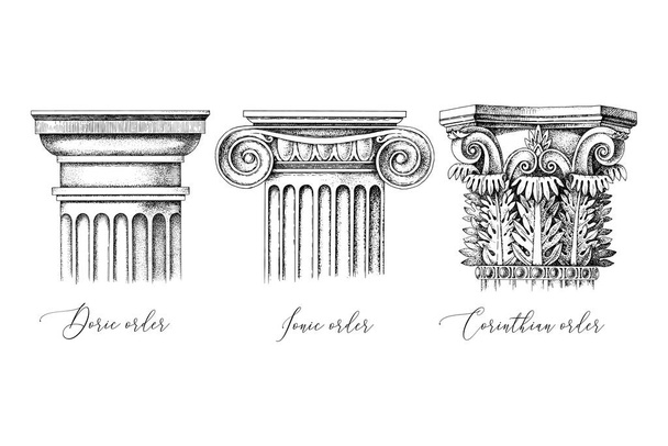 Architectural orders. 3 types of classical capitals - doric, ionic and corinthian - Vetor, Imagem