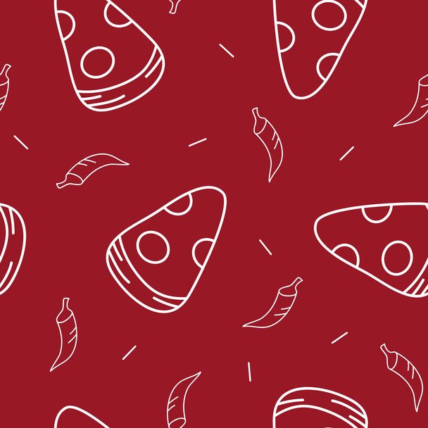 Patrón sin costuras de rebanadas de pizza y pimientos picantes sobre un fondo rojo
. - Vector, Imagen