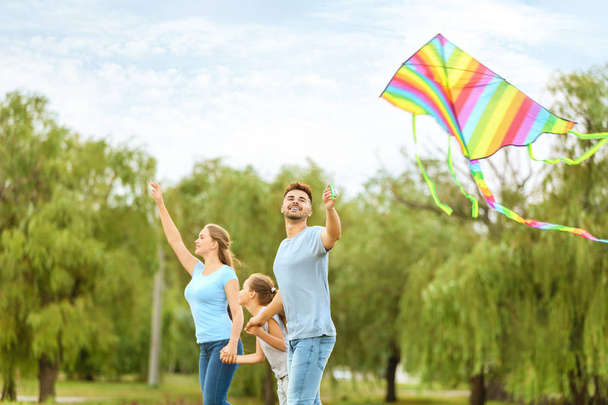 Familia feliz volando cometa al aire libre
 - Foto, imagen