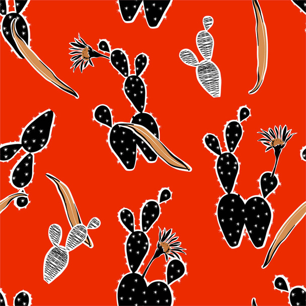 Seamless pattern with bright cactus on bright red background  - ベクター画像