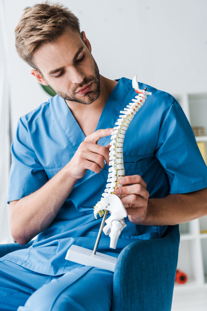 handsome doctor touching spine model while sitting in armchair  - Fotoğraf, Görsel