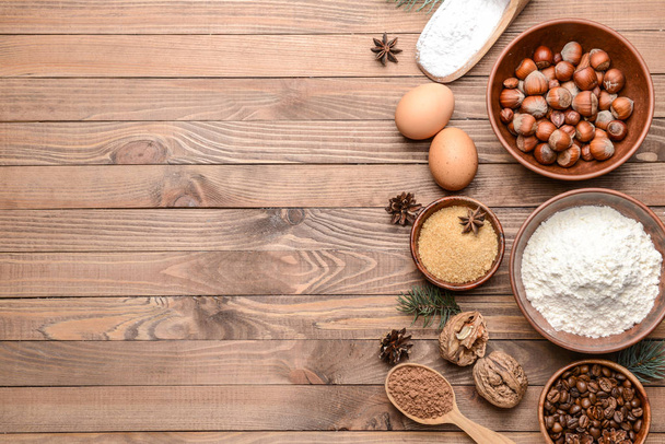 Ingredients for Christmas pie on wooden background - Photo, image