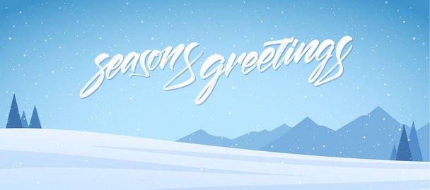 Vector illustration. Blue mountains winter snowy landscape with handwritten textured lettering of Seasons Greetings - Vector, Image