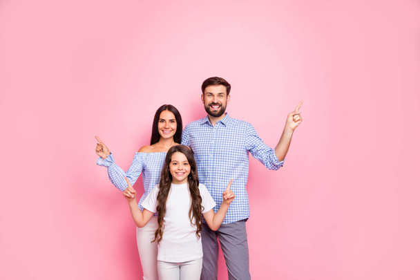 Portrait of attractive people with long hairdo having white t-shirt checkered plaid shirt blouse point at copy space isolated over pink background - Φωτογραφία, εικόνα