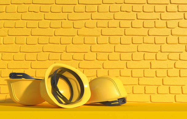 Capacete de construção amarelo em um fundo de uma parede de tijolo amarelo. Ilustração monocromática com espaço de cópia. Construtor de trabalho uniforme. Renderl 3D
 - Foto, Imagem