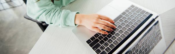 panoramic shot of girl typing on laptop keyboard - Foto, Imagen