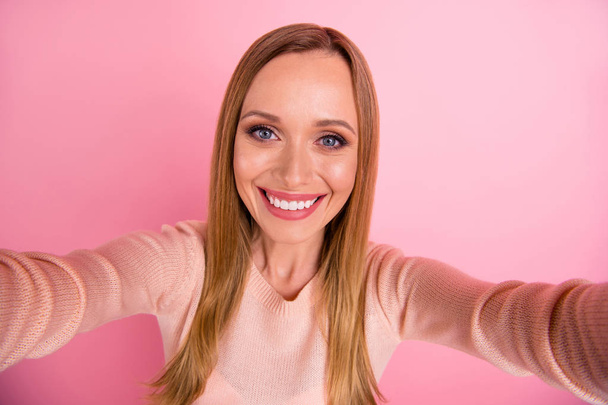 Close up photo of nice person use make photos isolated over pink background - Φωτογραφία, εικόνα