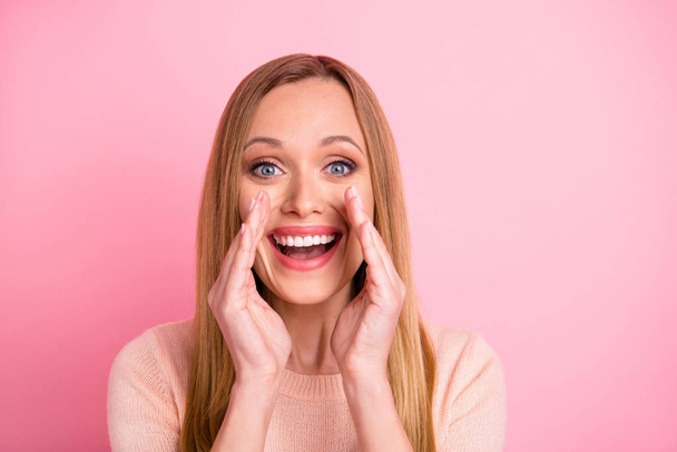 Close up photo of charming cute childish lady hands mouth scream shout share isolated over pink background - Photo, image