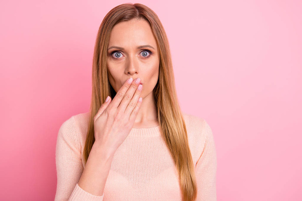 Close up photo of amazed person share secret novelty close cover face isolated over pink background - Fotoğraf, Görsel