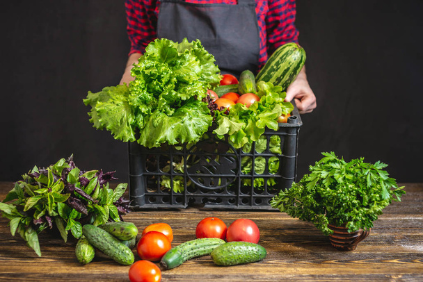 Femme agricultrice tient une boîte avec des légumes frais et vert sa
 - Photo, image