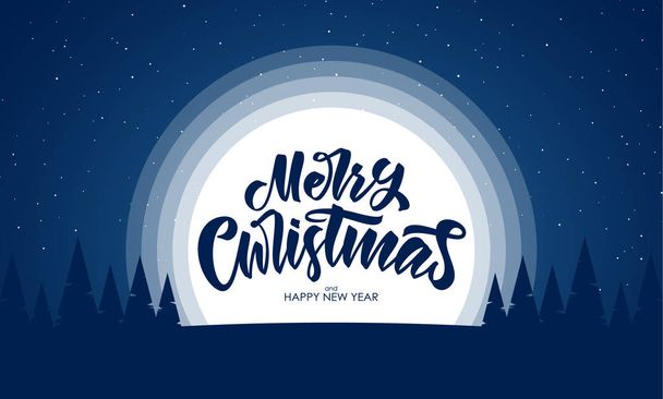 Greeting card with flat night silhouette forest landscape and handwritten lettering of Merry Christmas, Happy New Year - Vector, Image