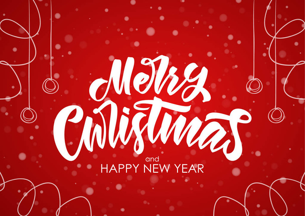 Merry Christmas and Happy New Year. Handwritten lettering with hand drawn decoration on red snowflake background. - Vector, Image