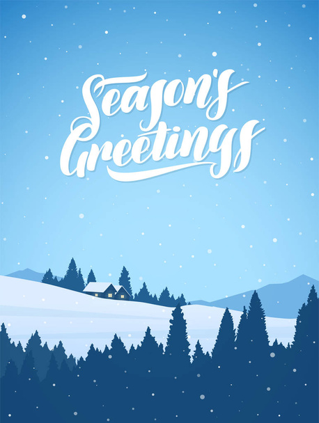 Vertical Winter snowy mountains christmas landscape with cartoon houses and handwritten lettering of Season's Greetings. - Vector, Image