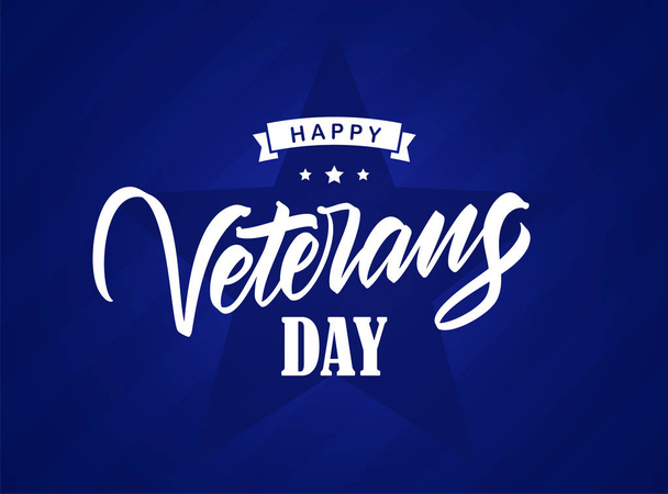 Vector illustration: Calligraphic brush type lettering composition of Happy Veterans Day on blue background. - Vector, Image